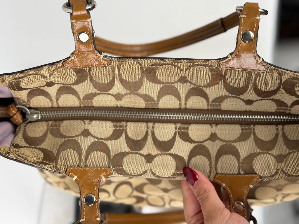 Coach F15146 Signature Brown Monogram Shoulder Tote Bag Leather Trim