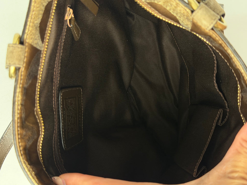 Coach 10445 Signature Brown Monogram Shoulder Bag Suede Leather Trim