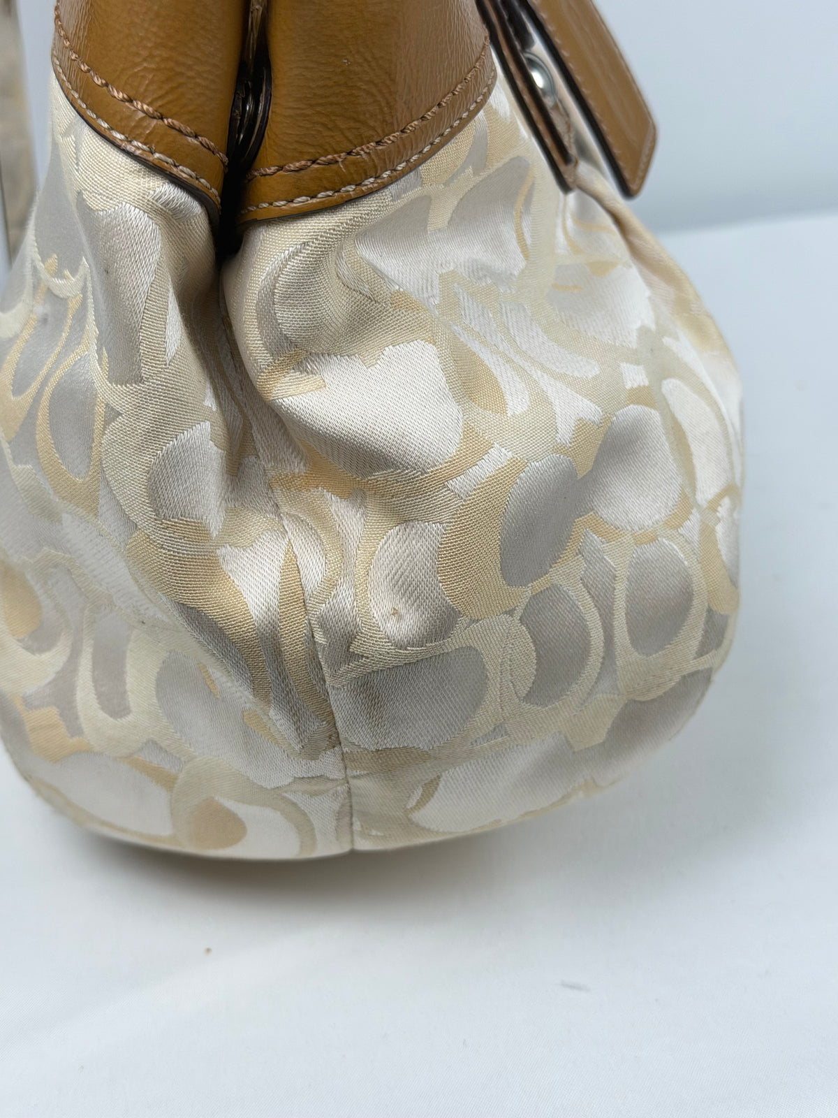 Coach F14492 Signature Cream/Beige/White Monogram Shoulder Bag Brown Leather Trim