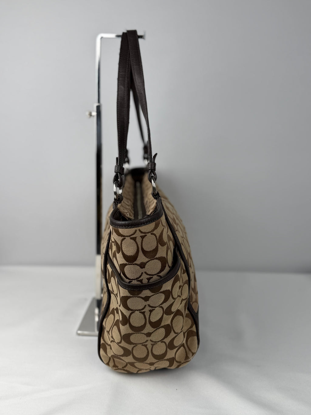 Coach F28728 Signature Brown Monogram Shoulder Bag Leather Trim