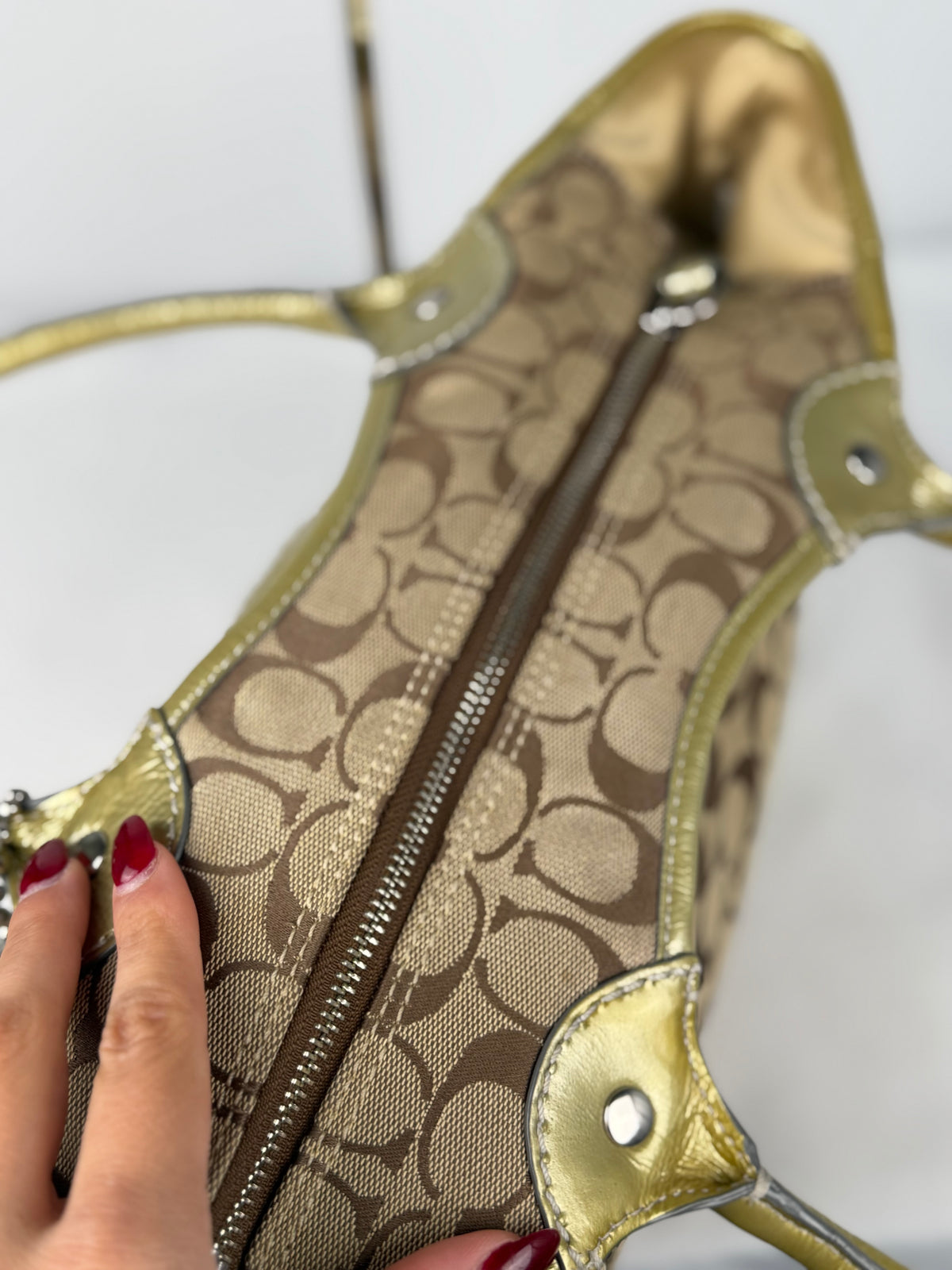 Coach F12564 Bleecker Signature Brown Monogram Shoulder Bag Gold Leather Trim
