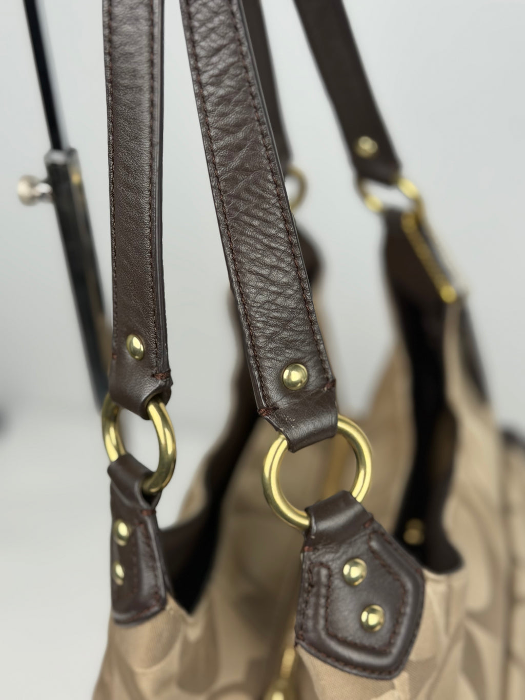 Coach F24742 Soho Beige Monogram Shoulder Bag Brown Leather Trim