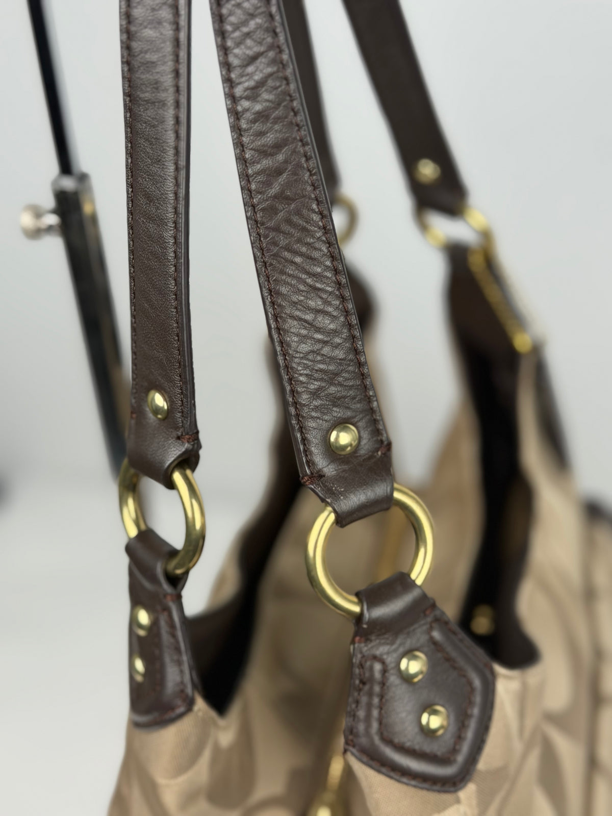 Coach F24742 Soho Beige Monogram Shoulder Bag Brown Leather Trim