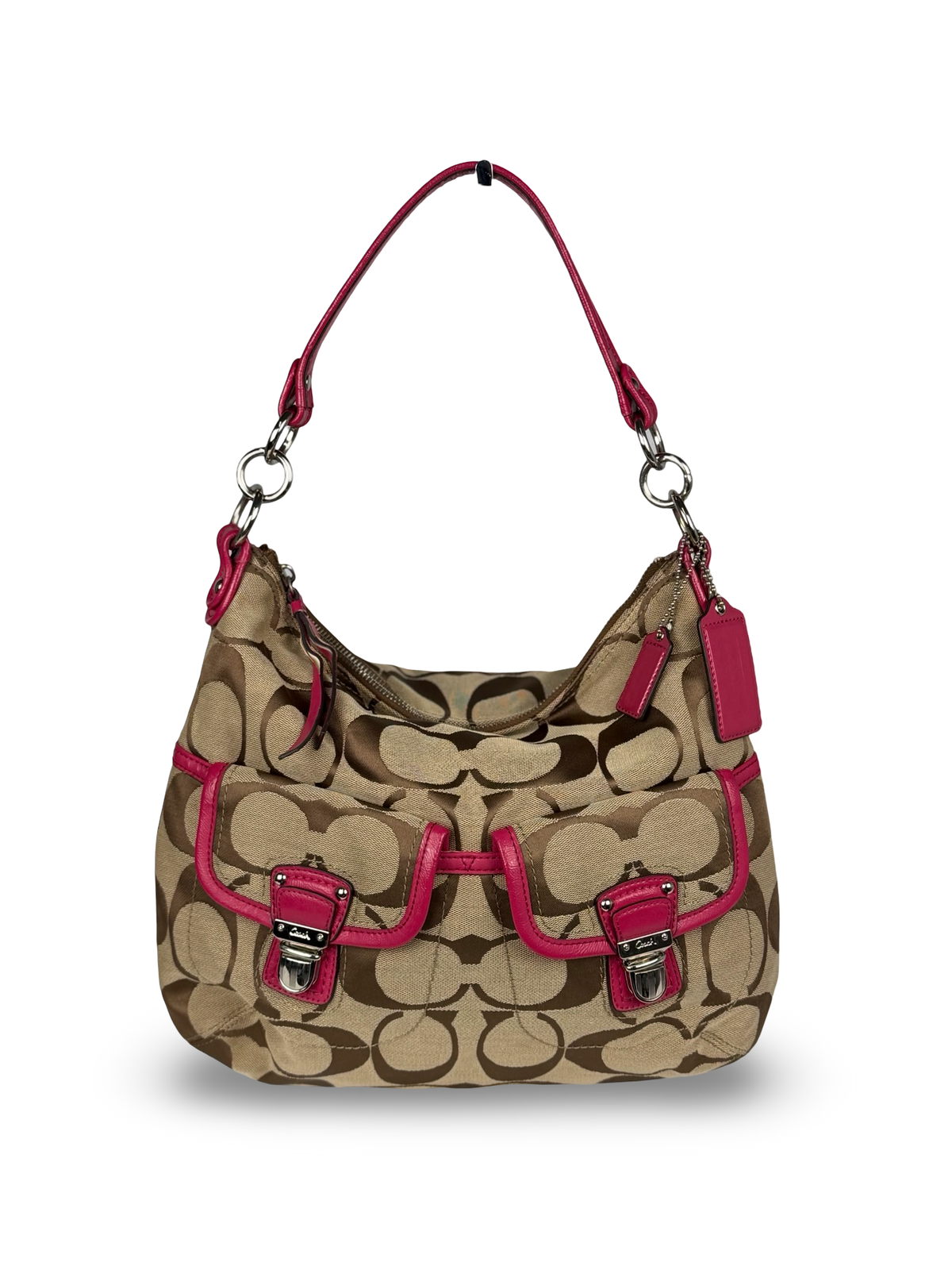 Coach F23392 Daisy Signature Brown Monogram Double Pocket Shoulder Bag Pink Leather Trim