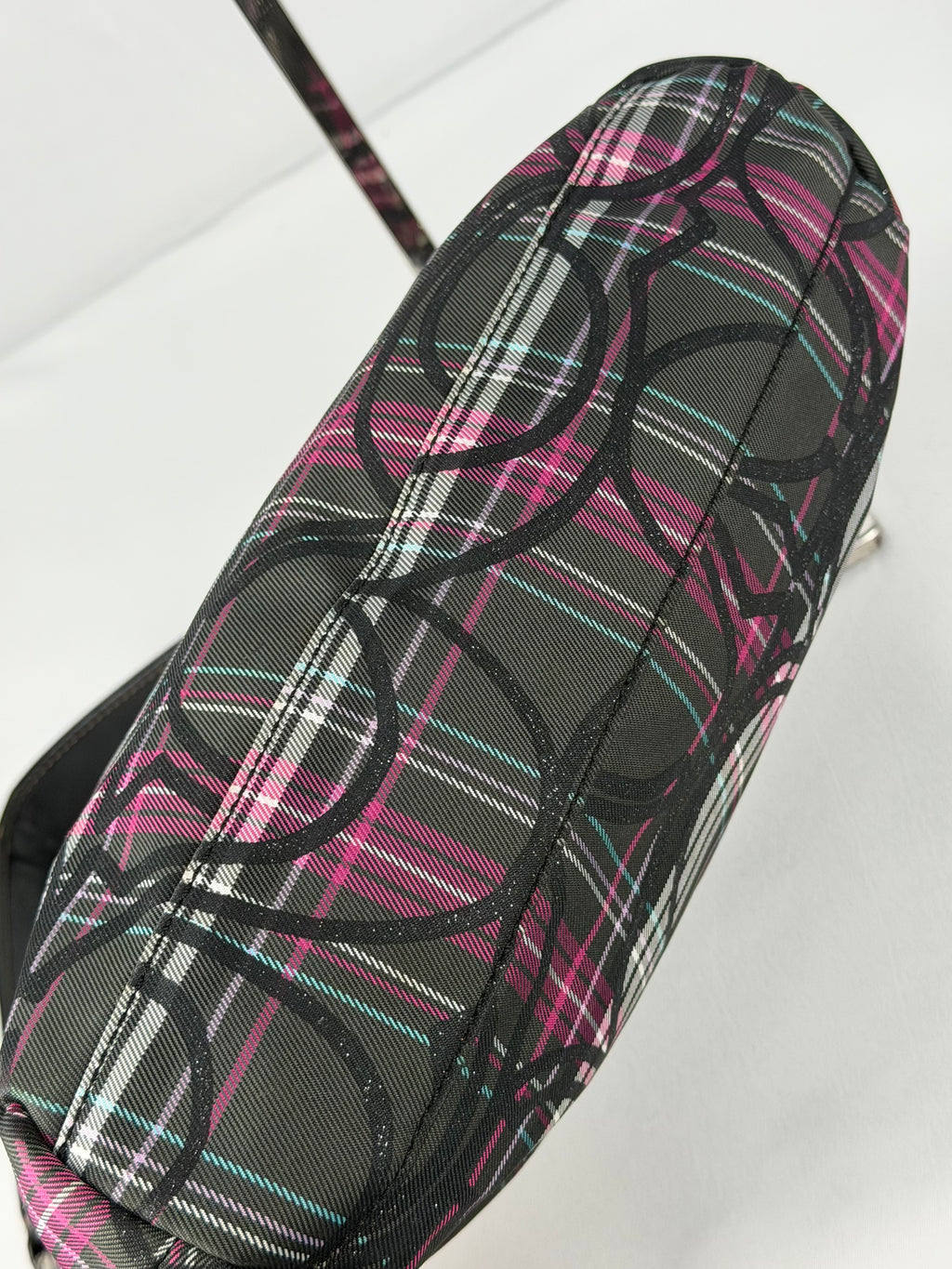 Coach F17670 Poppy Tartan Pink and Black Shoulder Bag Leather Trim