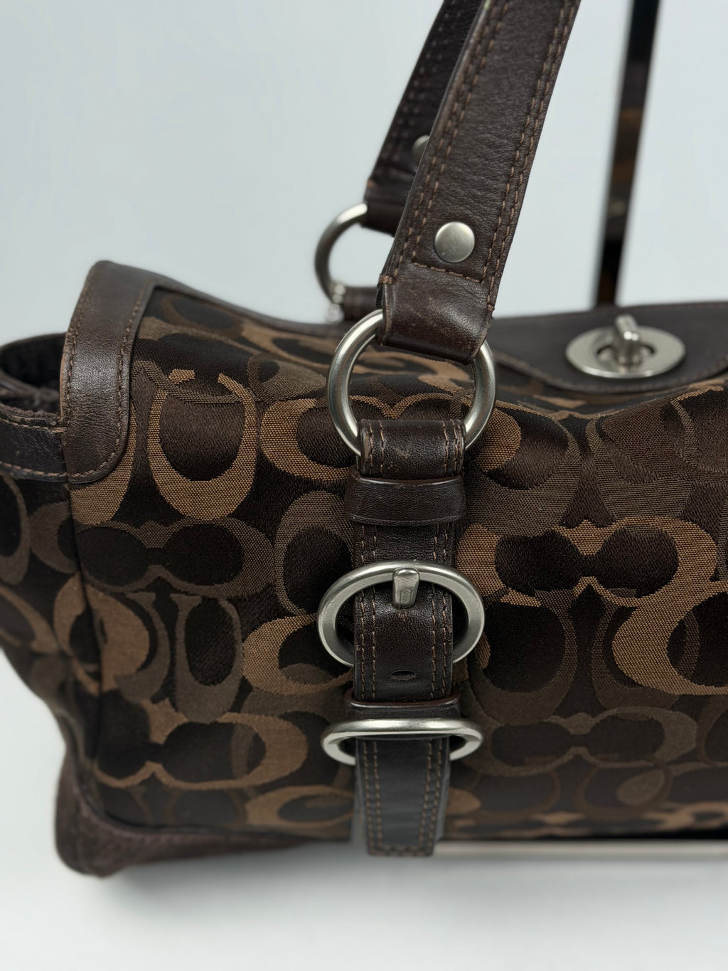 Coach 10145 Chelsea Turnlock Brown Op Art Shoulder Bag Suede Leather Trim