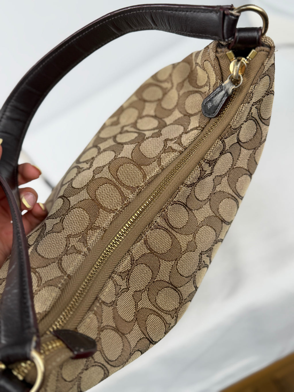 Coach F29959 Signature Brown Monogram Shoulder Bag Brown Leather Trim