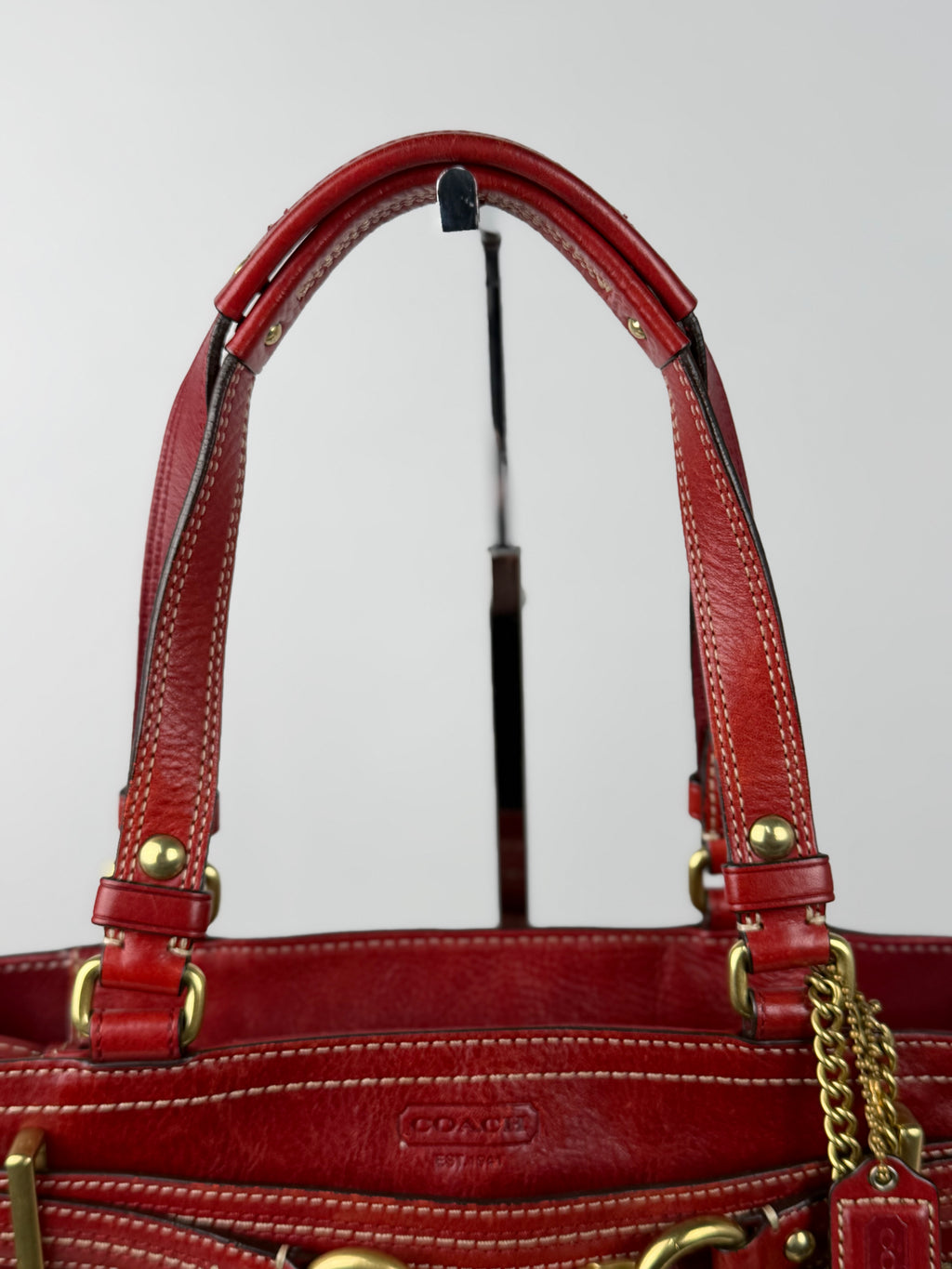 Coach 12467 Signature Brown Monogram Shoulder Bag Red Leather Trim