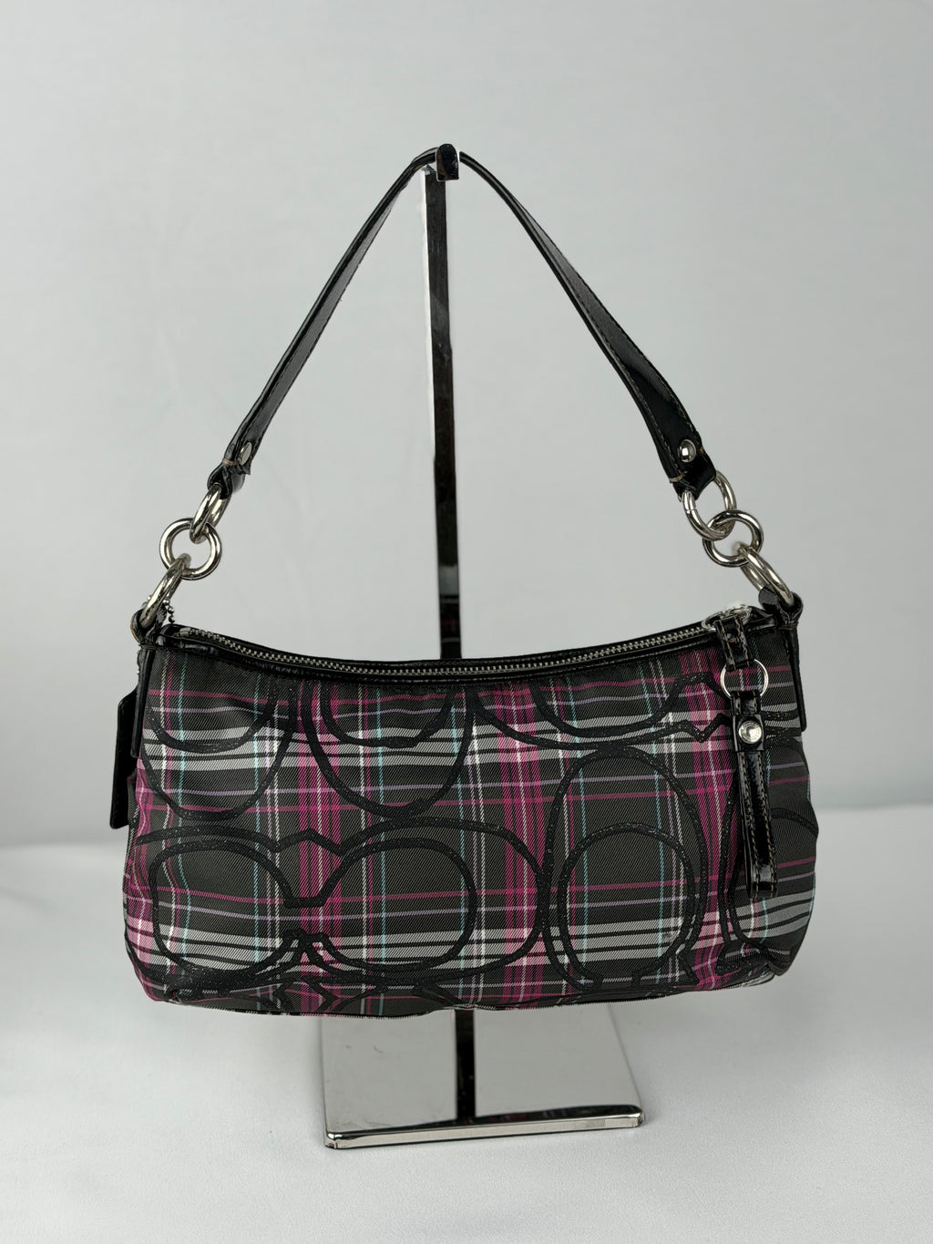 Coach F17670 Poppy Tartan Pink and Black Shoulder Bag Leather Trim