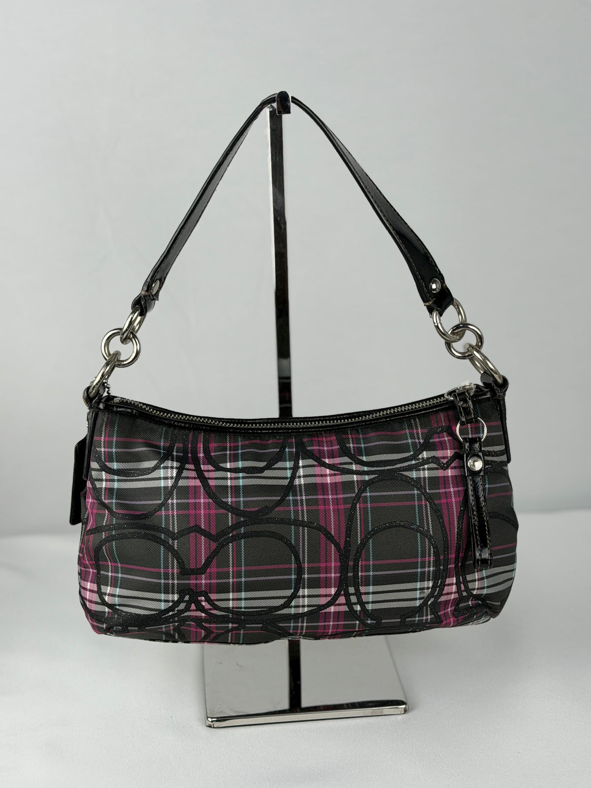 Coach F17670 Poppy Tartan Pink and Black Shoulder Bag Leather Trim