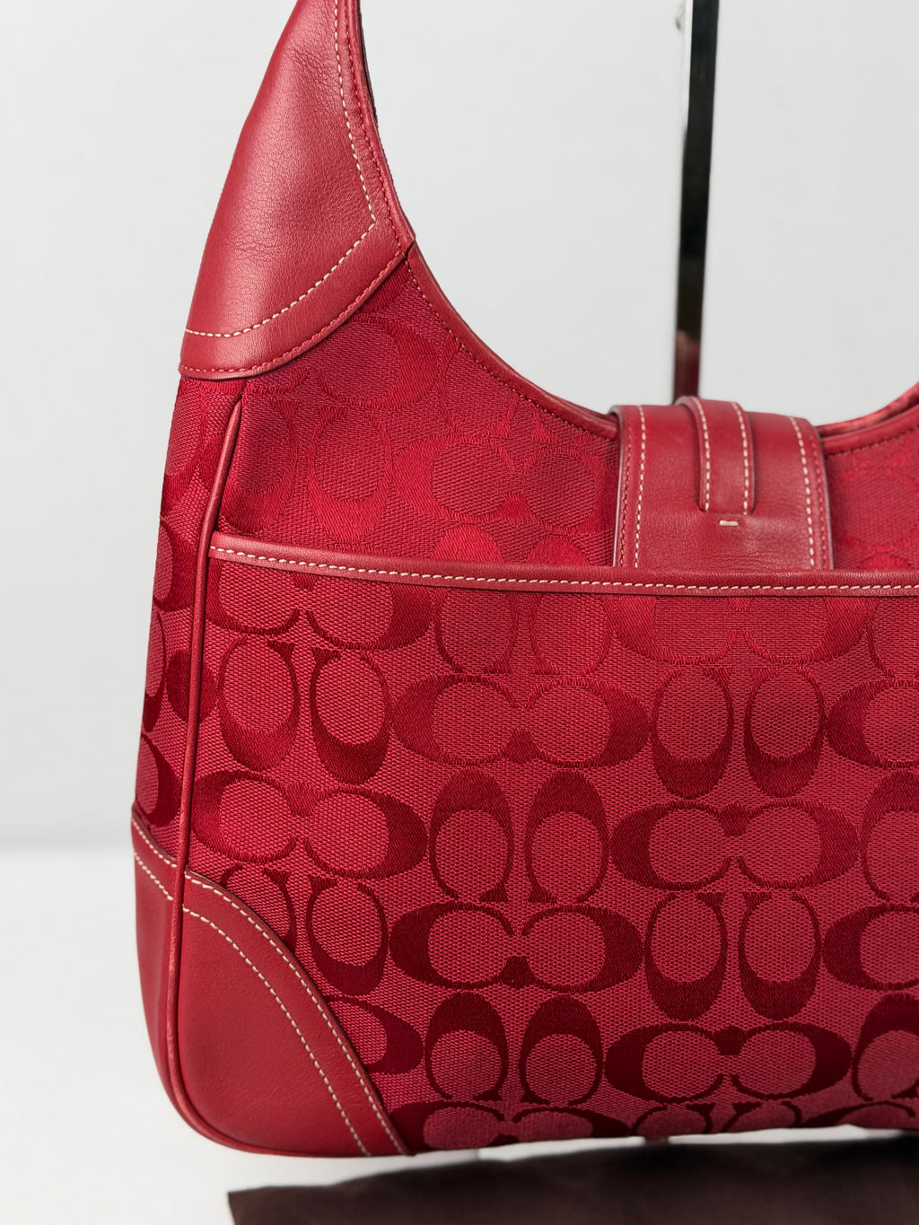 Rare Coach 8K03 Hampton Clip Red Monogram Shoulder Bag Leather Trim