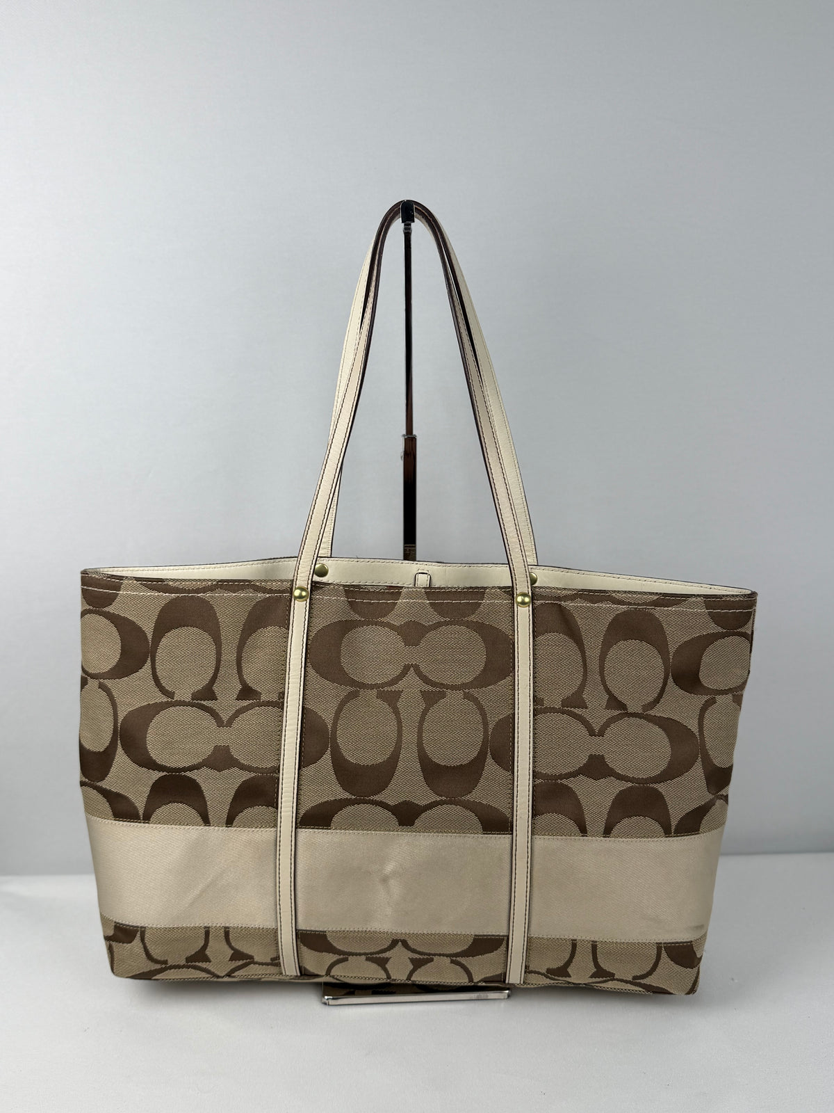 Coach F11099 Signature Brown/Cream Monogram Tote Shoulder Bag Leather Trim