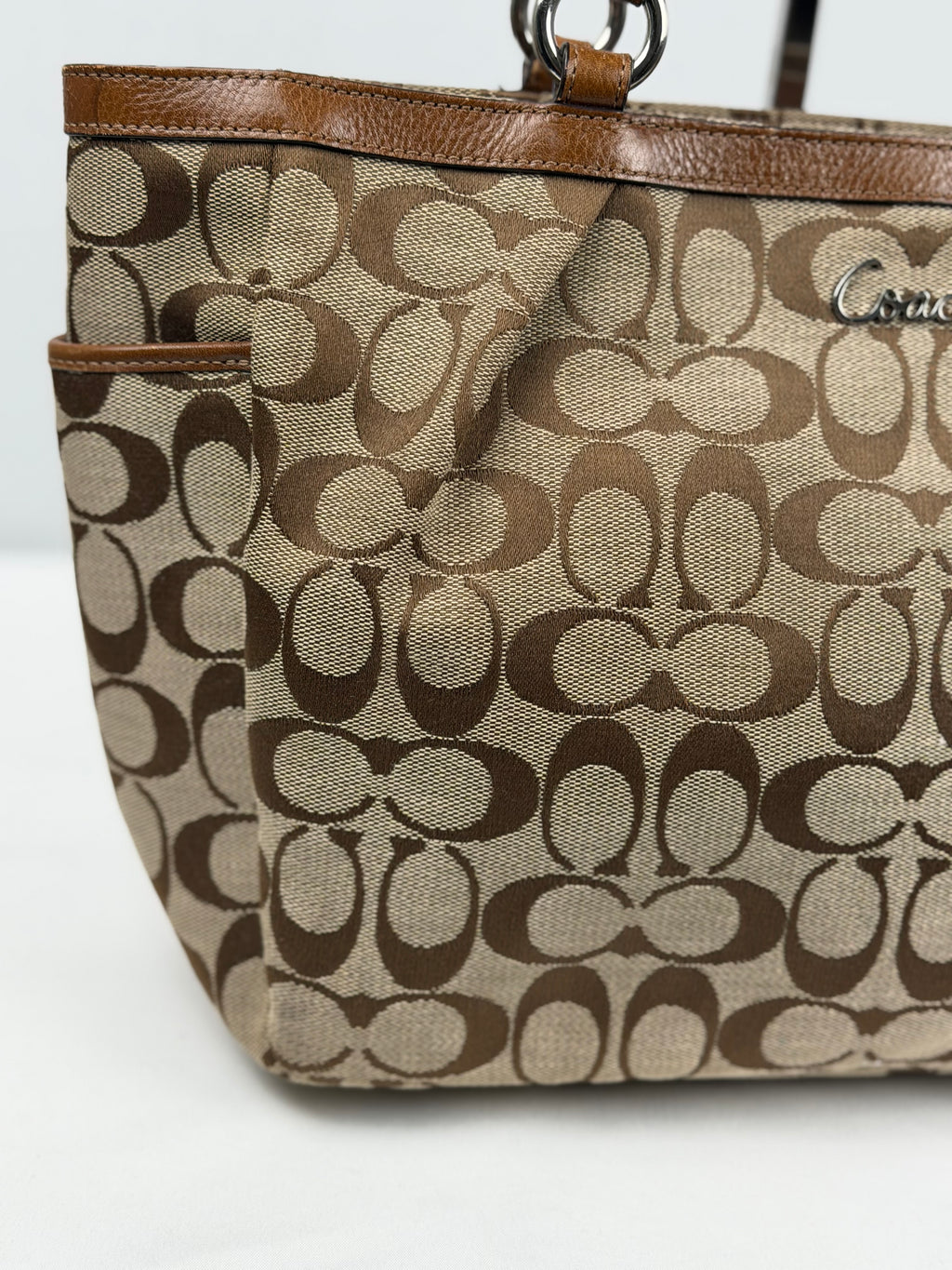 Coach F17726 Signature Brown Monogram Shoulder Bag Leather Trim
