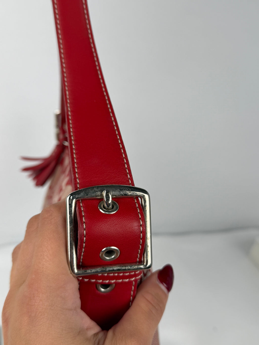 Rare Coach 6371 Signature Red Baguette Shoulder Bag Leather Trim