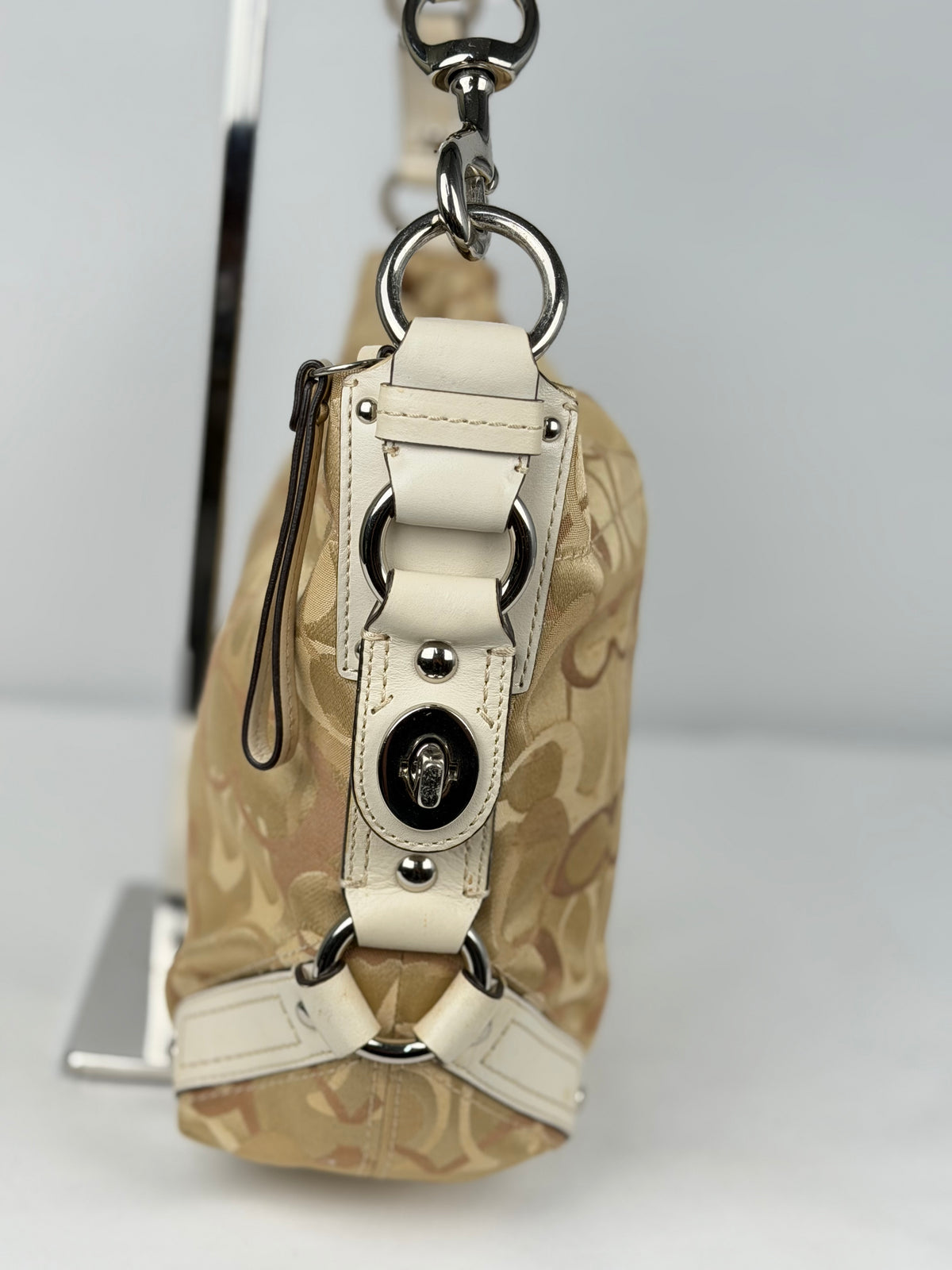 Coach F13980 Carly Optic Art Brown/Beige Monogram Shoulder Bag White Leather Trim