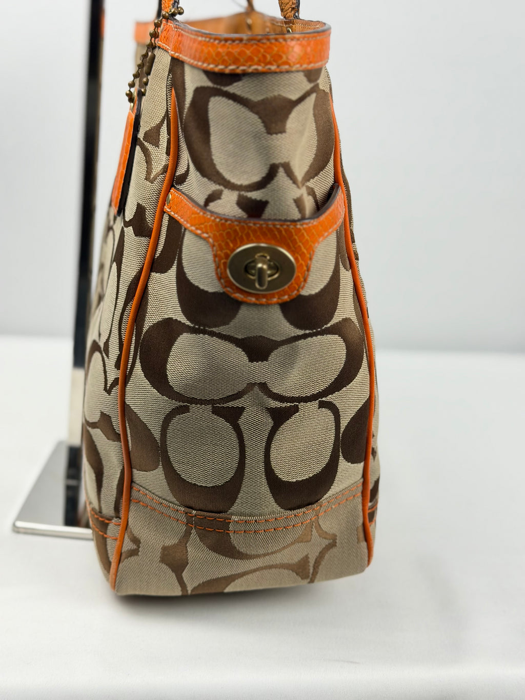 Coach 8626 Signature Brown Monogram Tote Shoulder Bag Orange Leather Trim