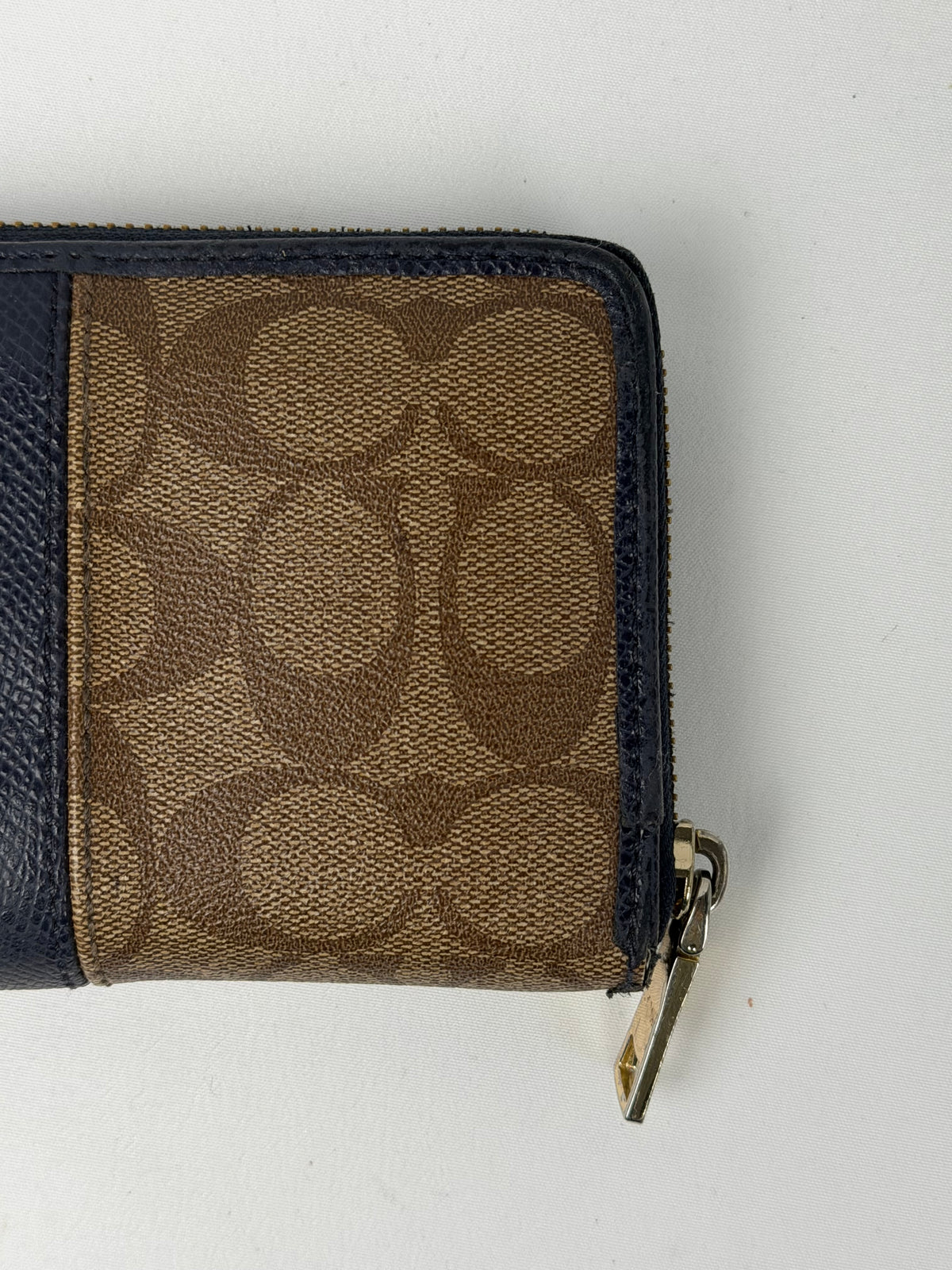 Coach F52589 Signature Brown Monogram Navy Trim Purse