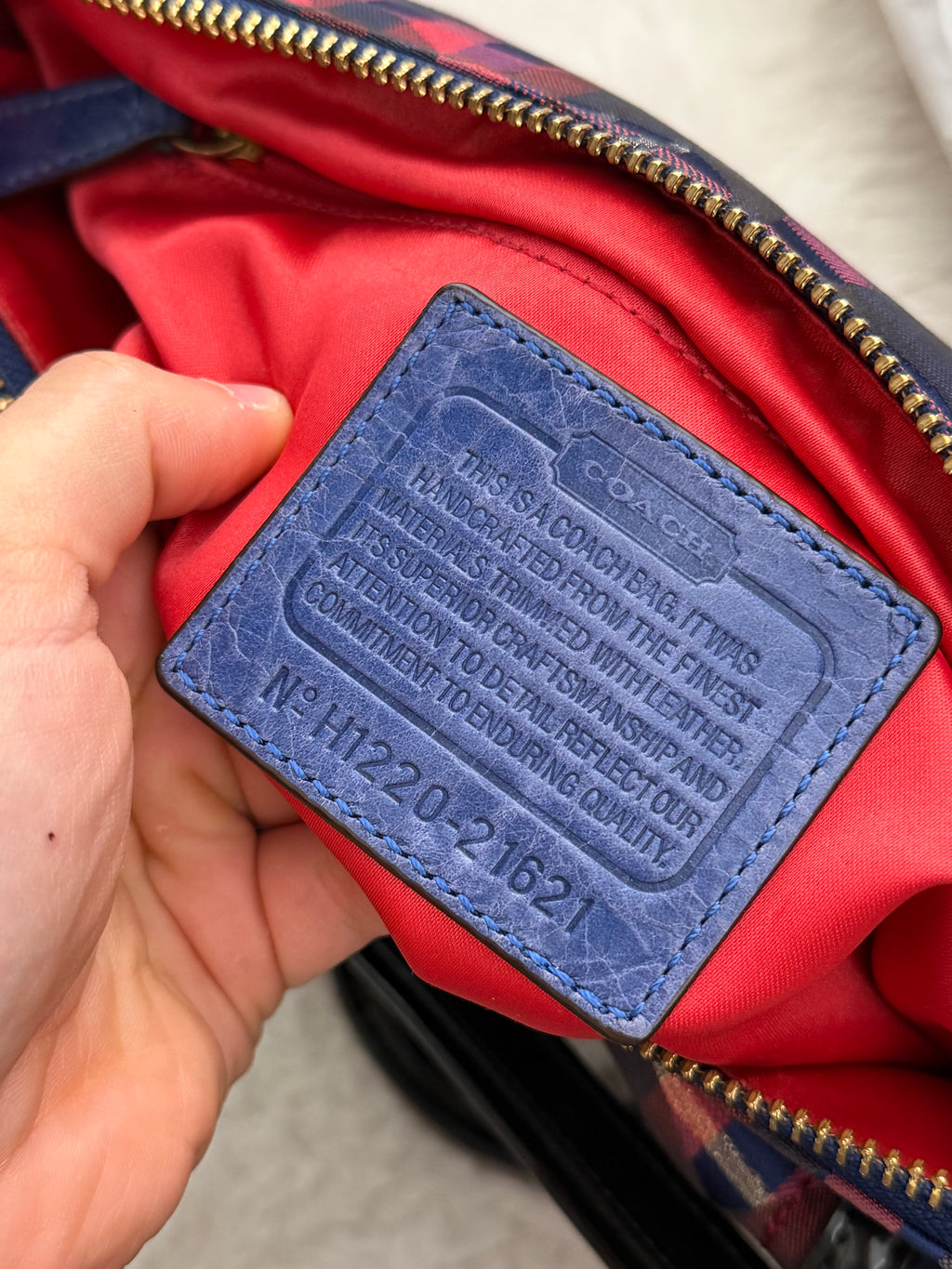 Coach 21621 Check Pattern Blue/Red/Pink Monogram Shoulder Bag