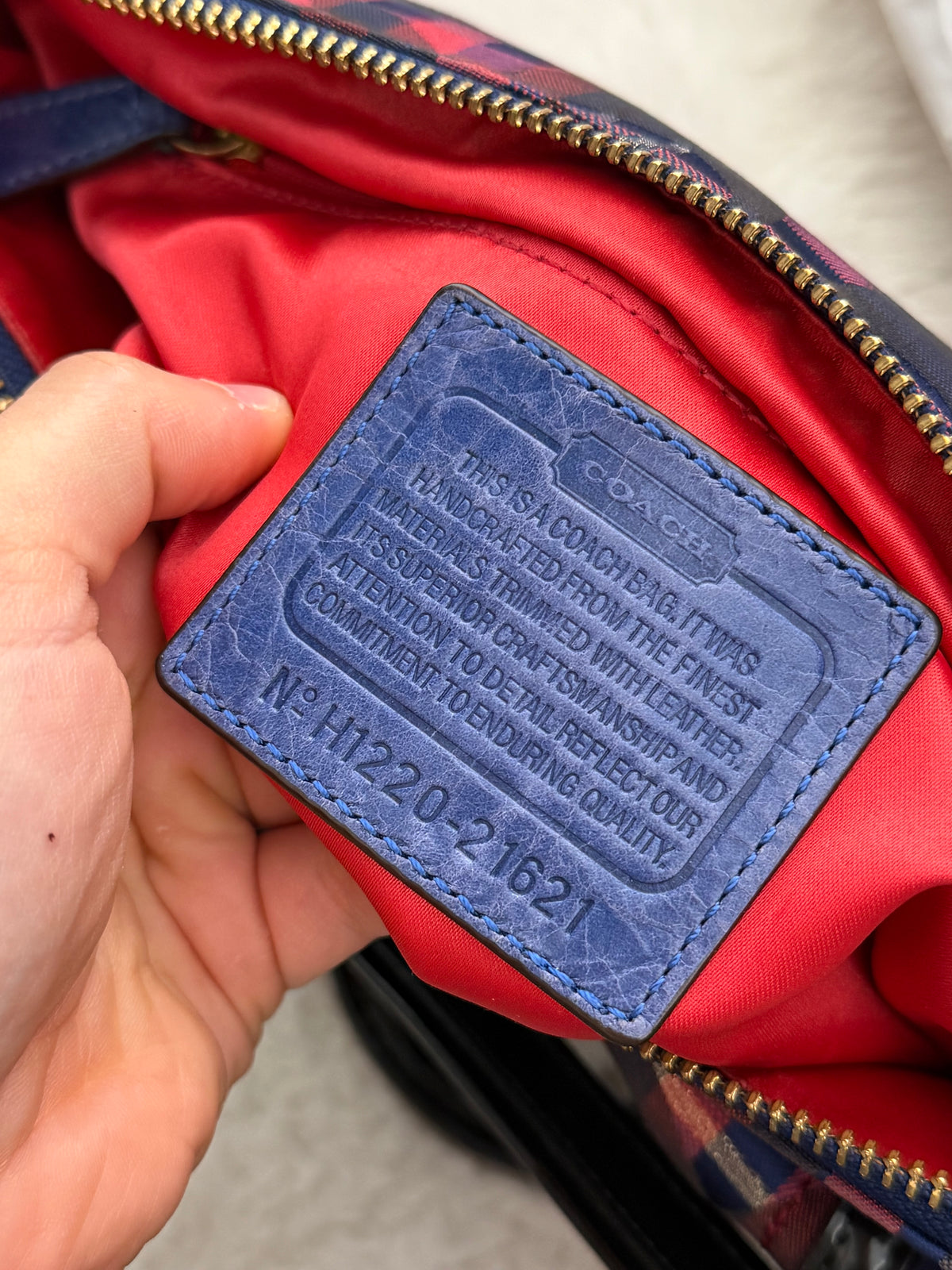 Coach 21621 Check Pattern Blue/Red/Pink Monogram Shoulder Bag