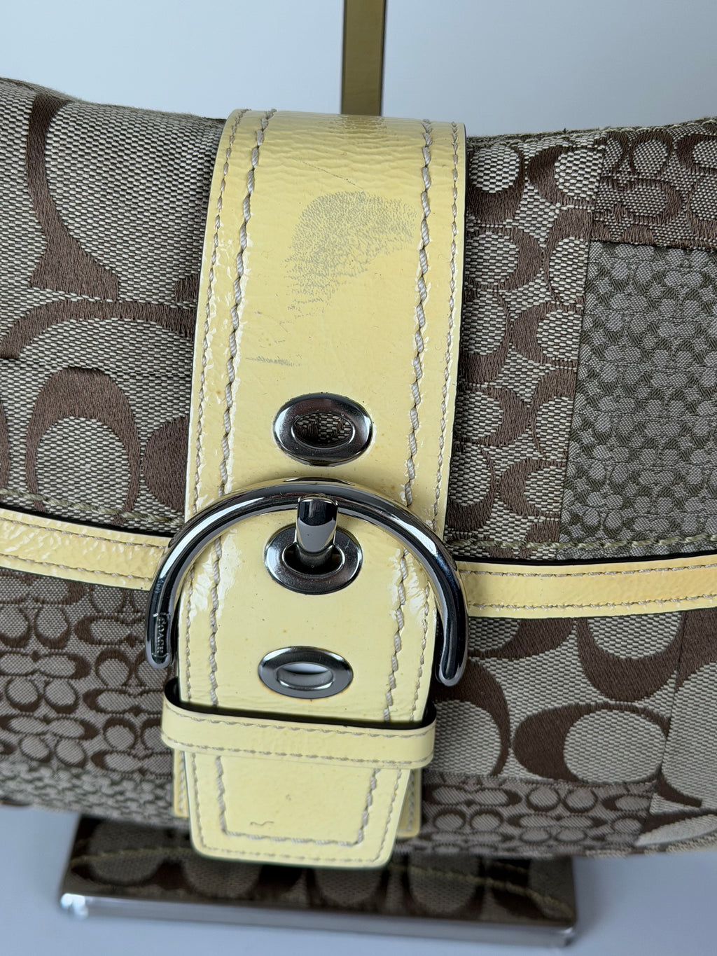 Coach F12316 Soho Signature Monogram Patchwork Shoulder Bag Yellow Patent Leather Trim