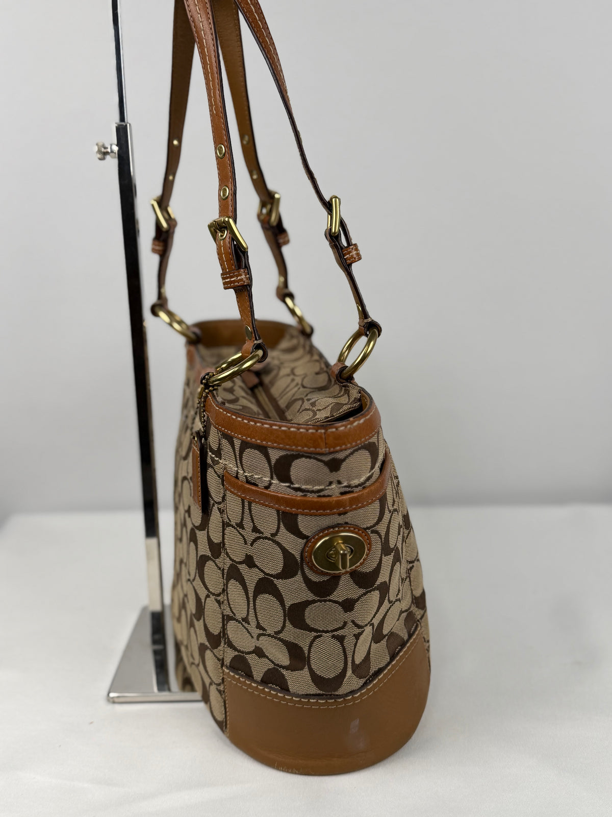 Coach 11237 Signature Brown Monogram Gallery Tote Shoulder Bag Leather Trim