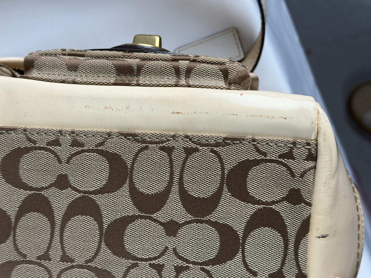 Coach Legacy F13131 Signature Brown Monogram Cream Patent Leather Satchel Shoulder Bag