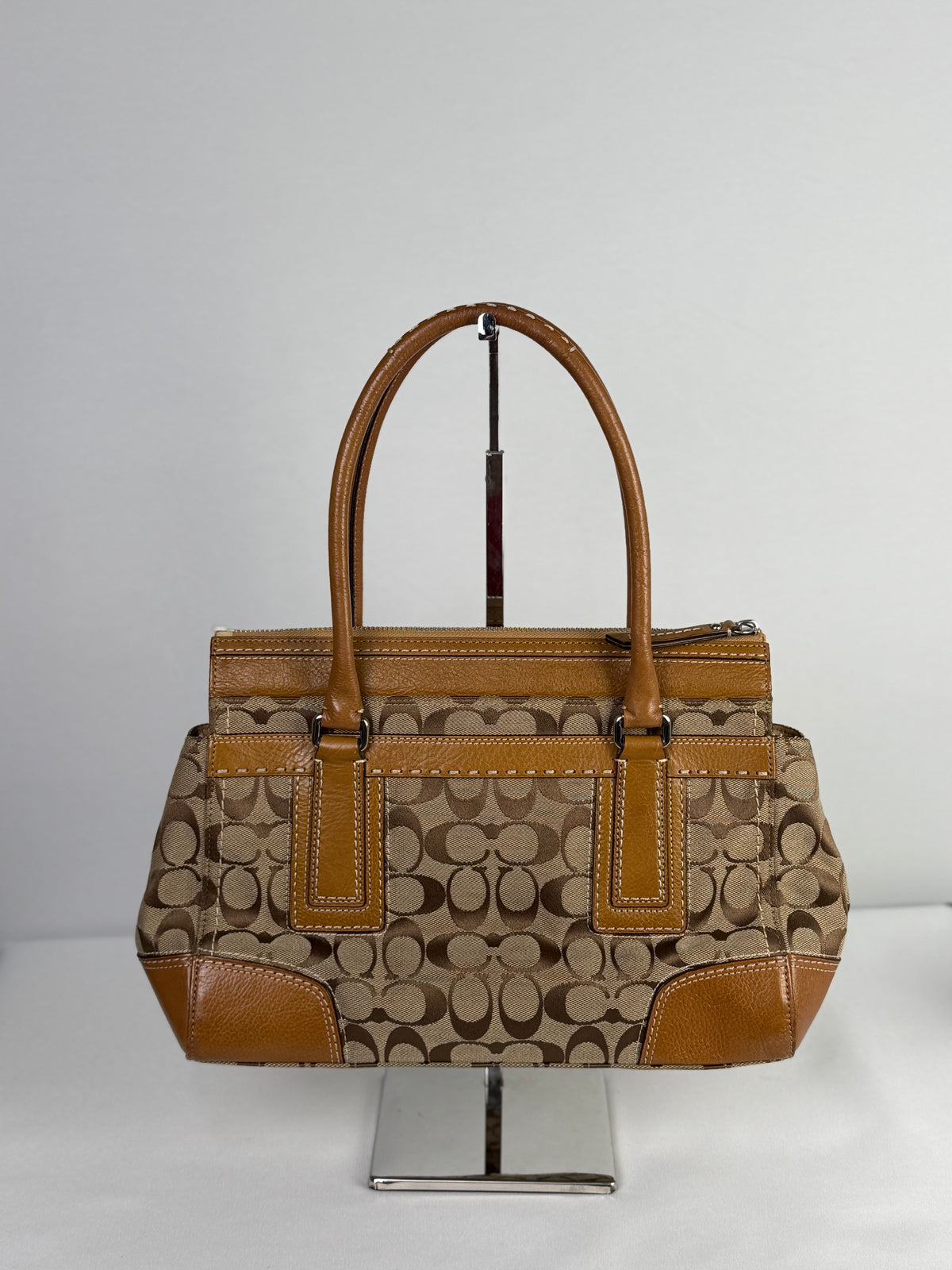 Coach 11589 Hampton Turnlock Signature Brown Monogram Shoulder Bag Leather Trim