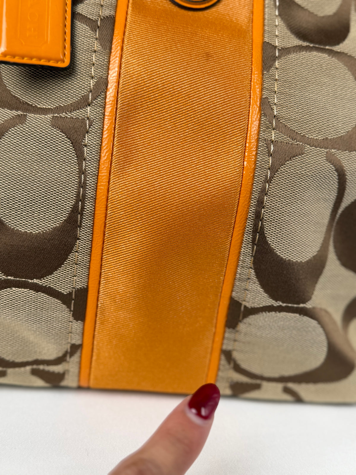 Coach F21950 Signature Orange/Brown Monogram Tote Shoulder Bag Leather Trim