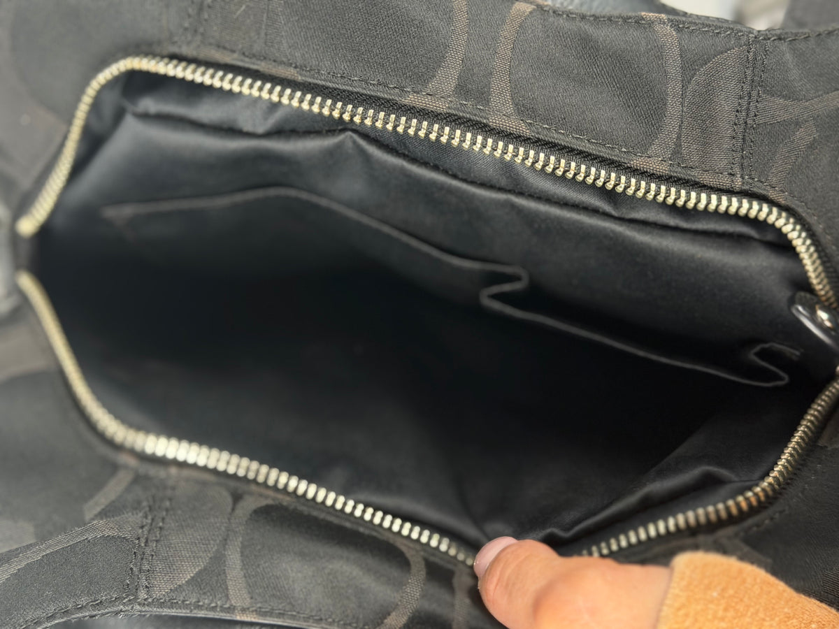 Coach F24742 Soho Black Moogram Shoulder Bag Black Leather Trim
