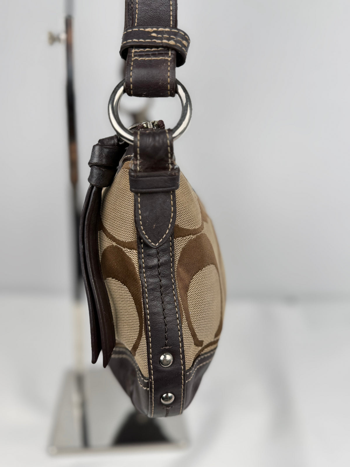 Coach F19731 Signature Brown Shoulder Bag Leather Trim
