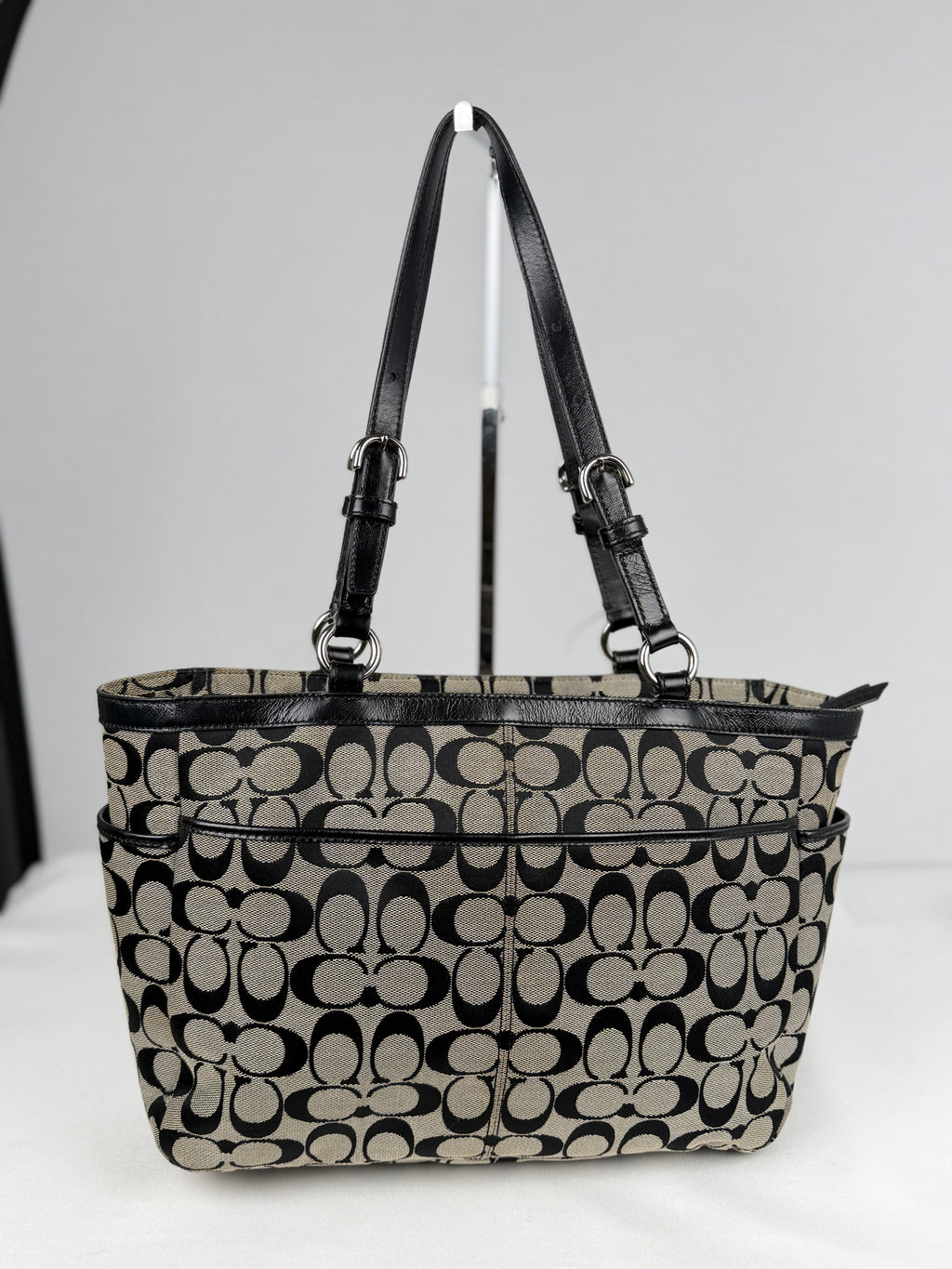 Coach F17726 Signature Grey/Black Shoulder Bag Leather Trim