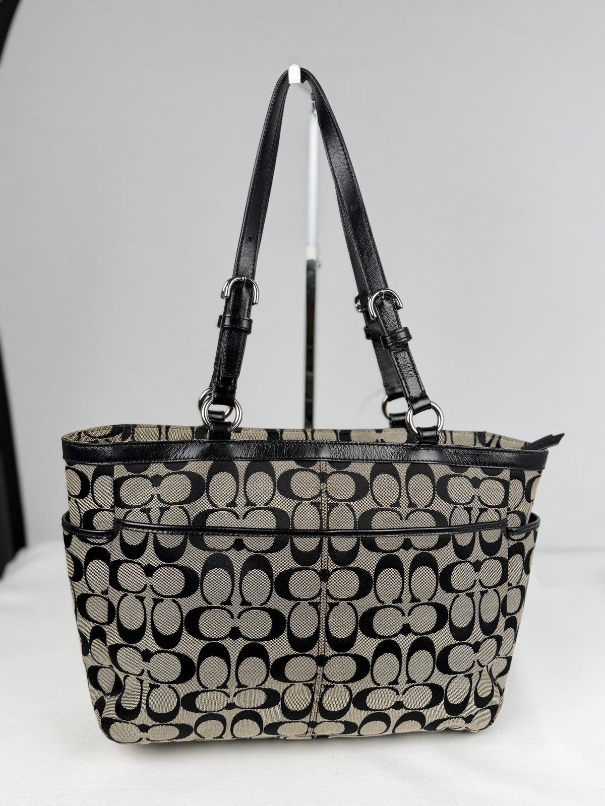 Coach F17726 Signature Grey/Black Shoulder Bag Leather Trim