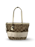 Coach F13548 Signature Brown/White Tote Shoulder Bag Leather Trim