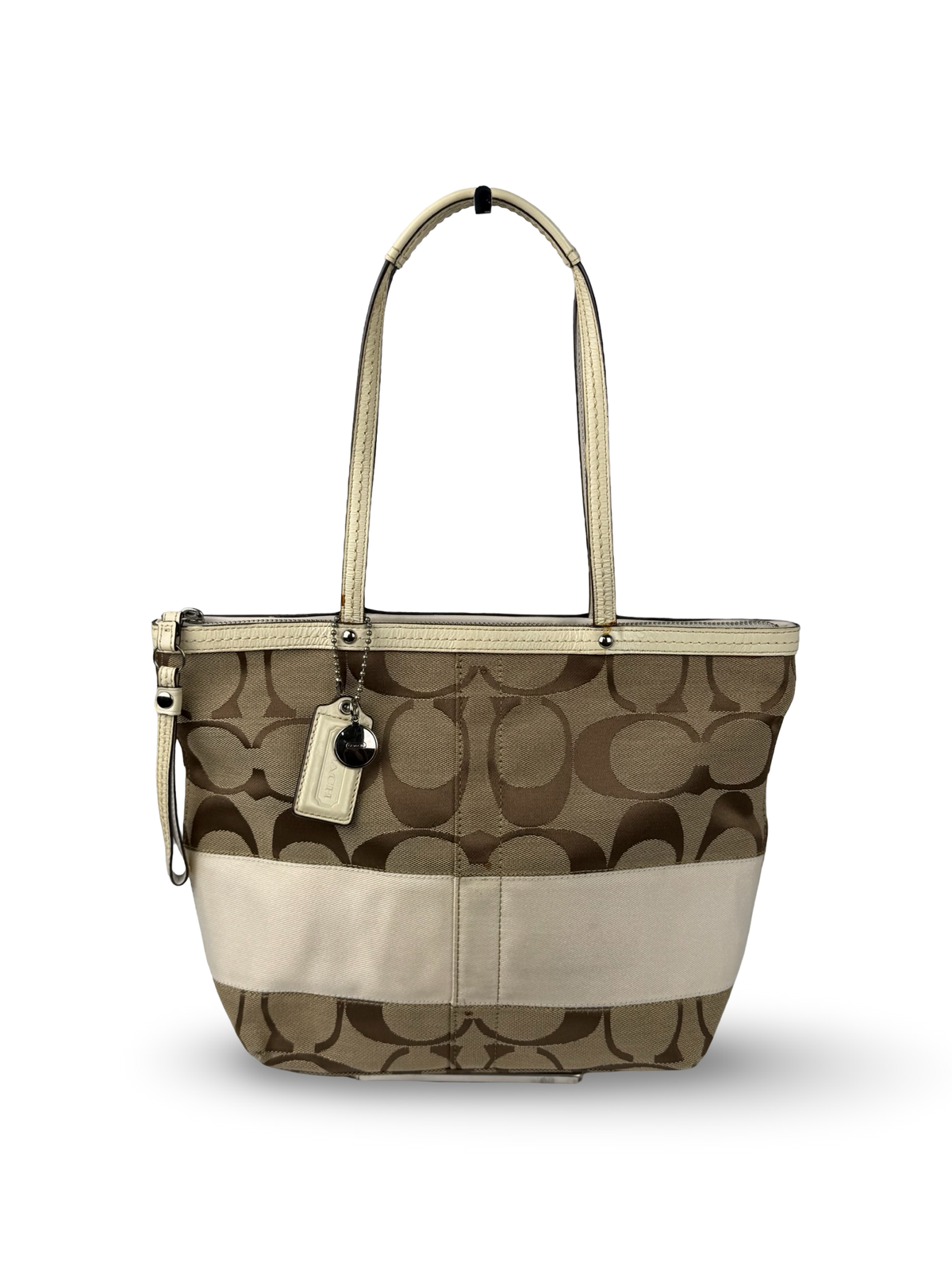 Coach F13548 Signature Brown/White Tote Shoulder Bag Leather Trim