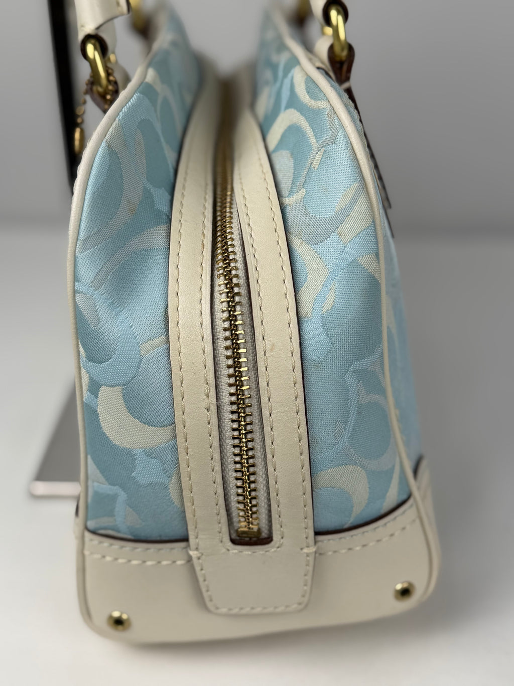 Coach 10777 Blue Optic Art Monogram Shoulder Bag Leather Trim