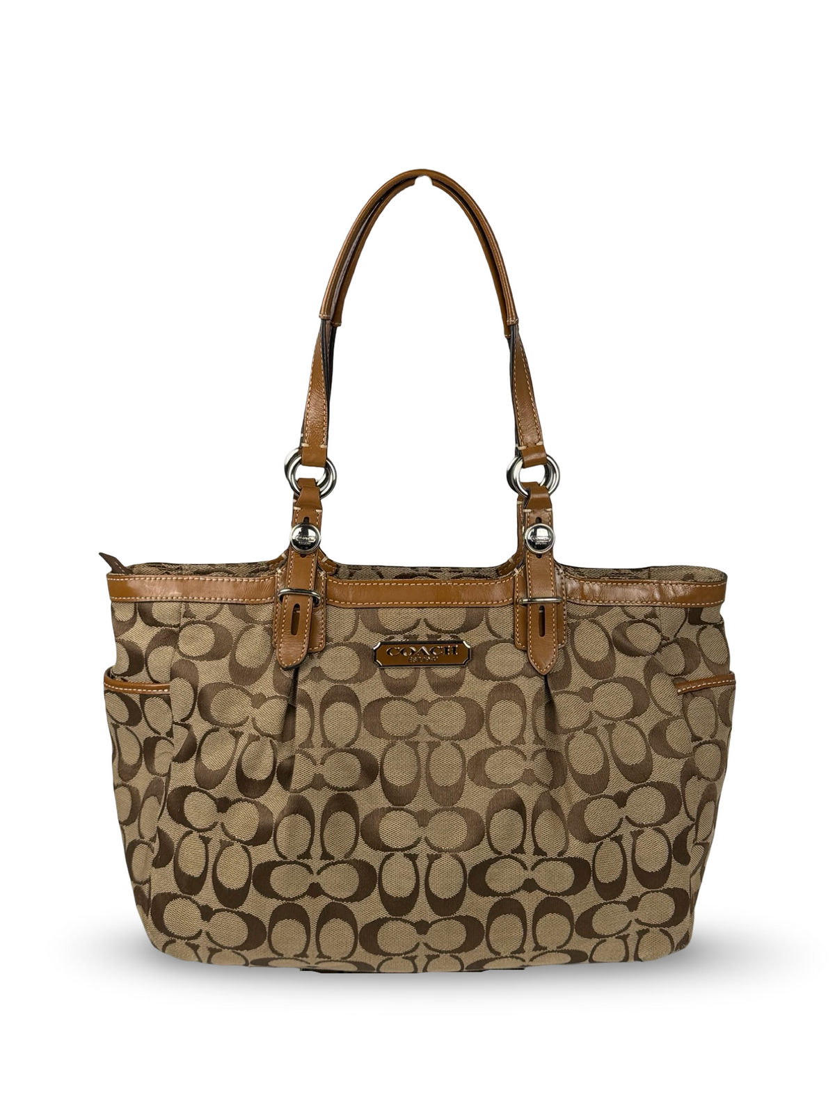 Coach F15146 Signature Brown Monogram Shoulder Tote Bag Leather Trim