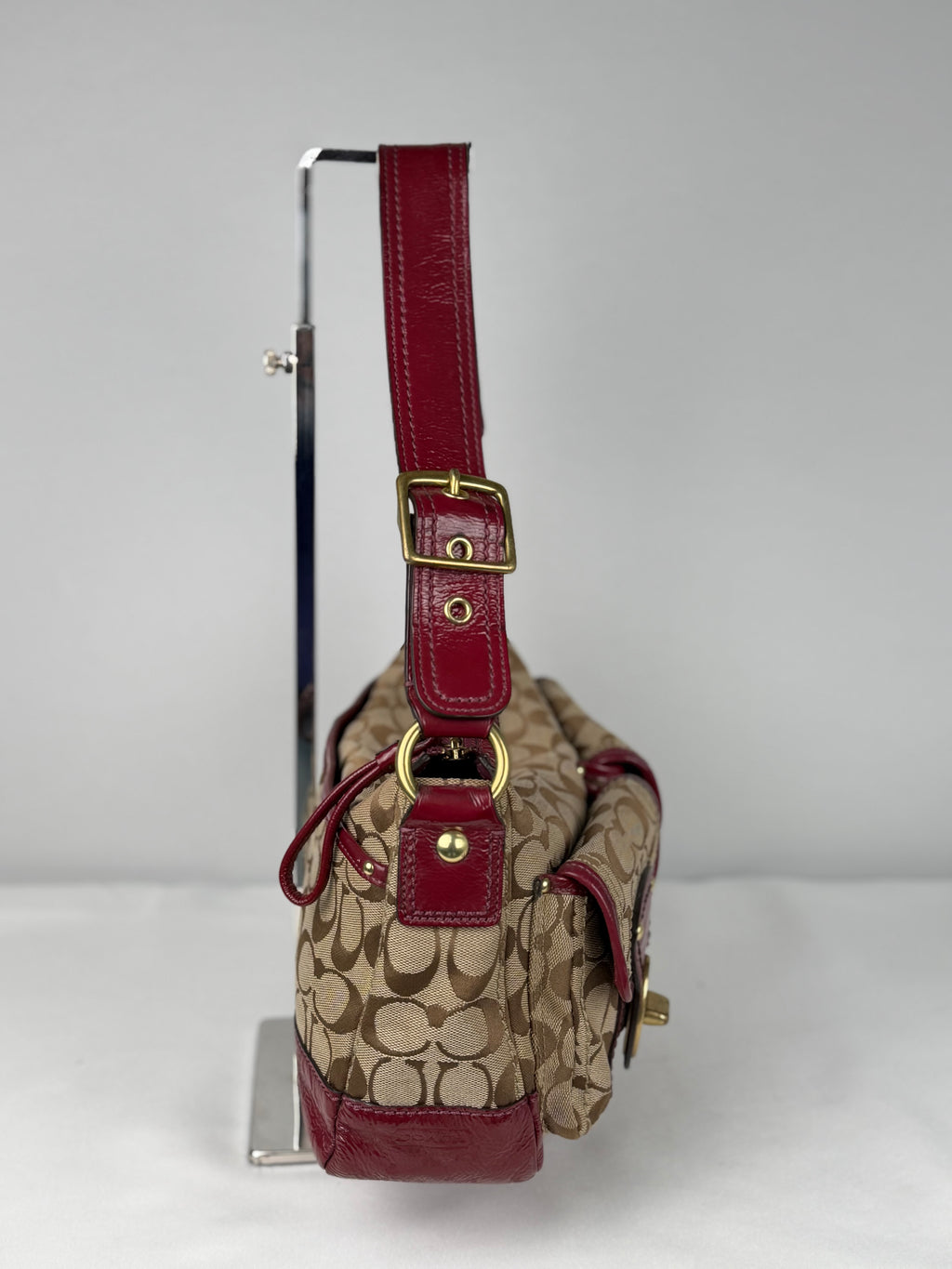 Rare Coach F12869 Legacy Double Pocket Turnlock Shoulder Bag Burgundy Patent Leather Trim