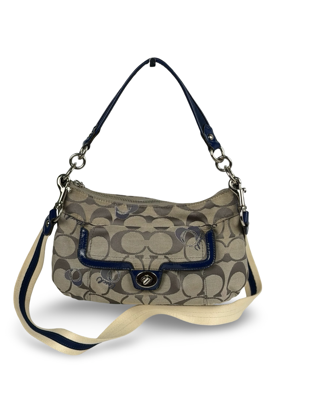 Coach F18756 Poppy Beige Monogram Blue Leather Trim Shoulder Bag