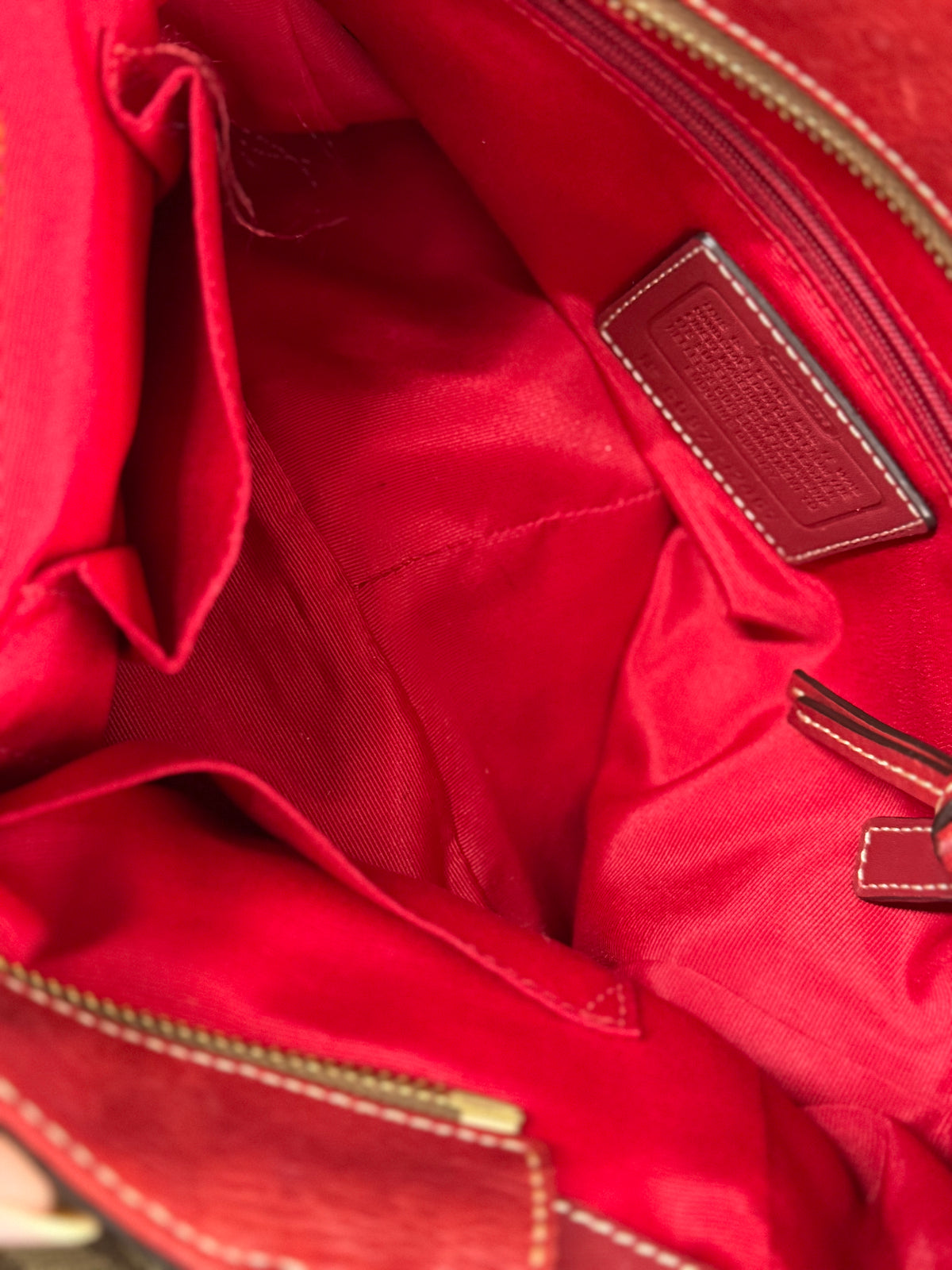 Coach 12467 Signature Brown Monogram Shoulder Bag Red Leather Trim