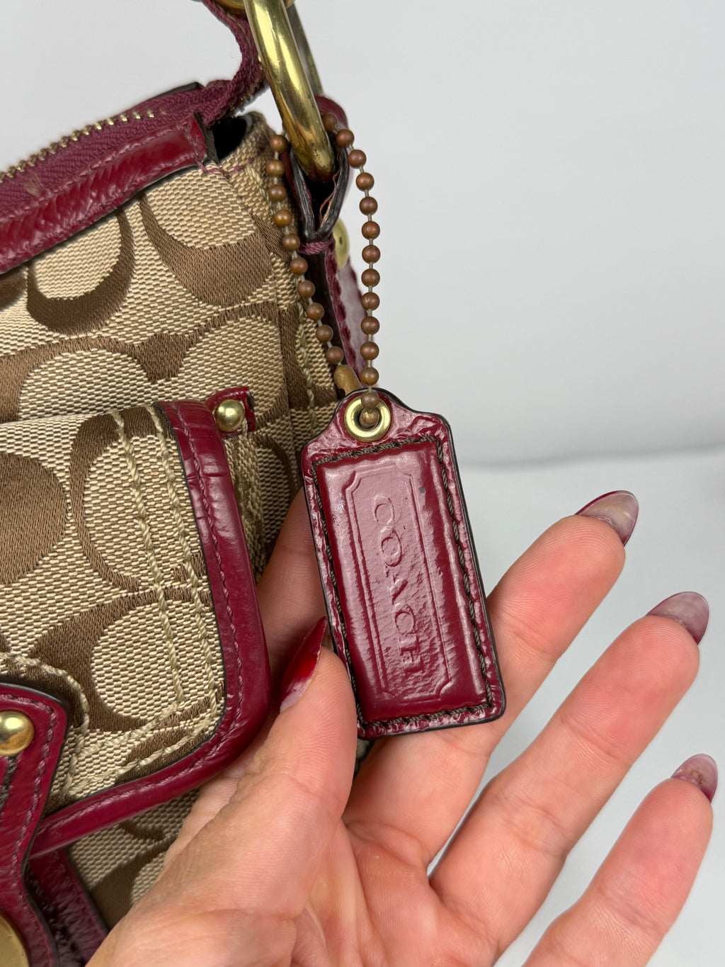 Rare Coach F12869 Legacy Double Pocket Turnlock Shoulder Bag Burgundy Patent Leather Trim