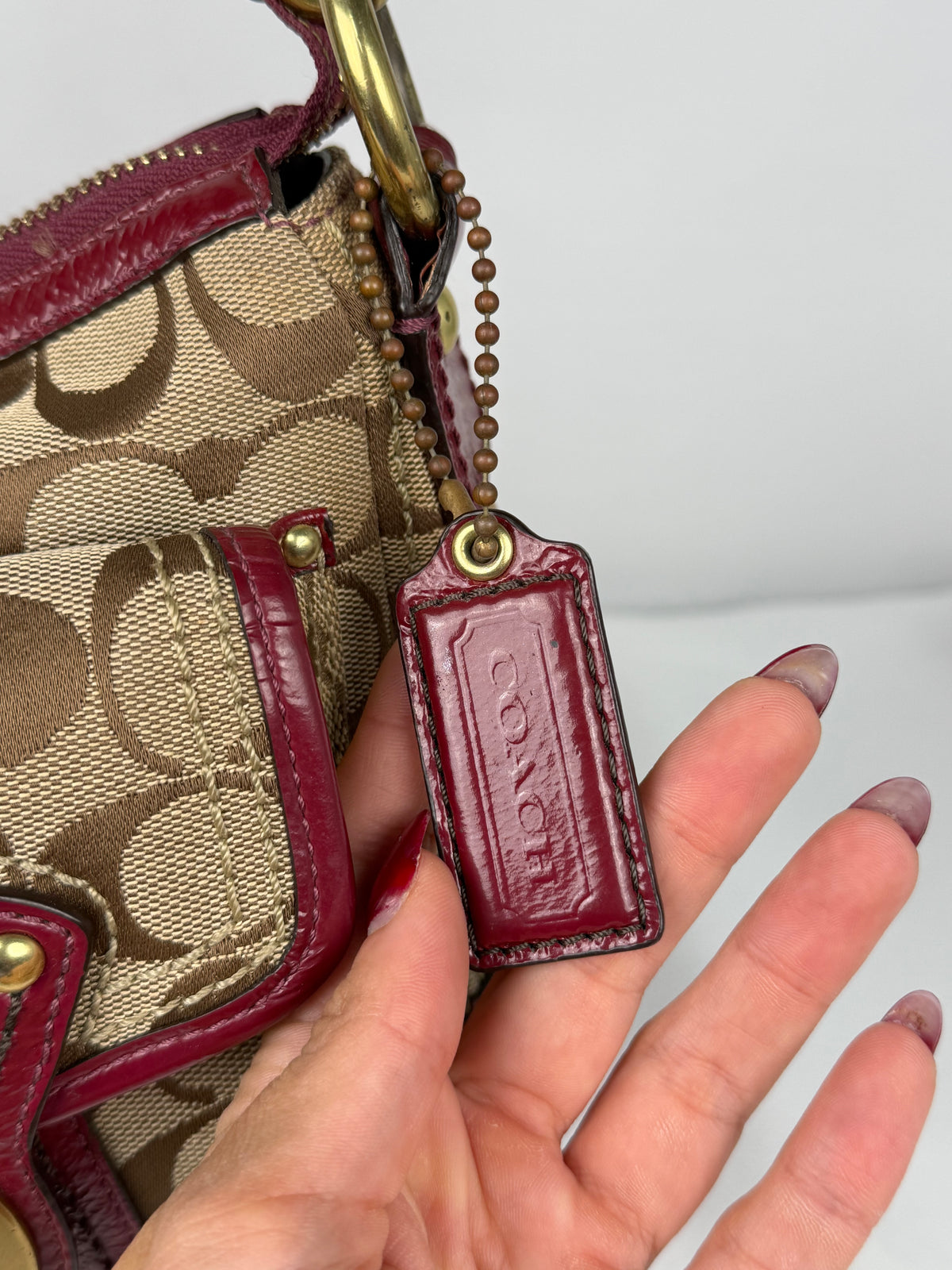 Rare Coach F12869 Legacy Double Pocket Turnlock Shoulder Bag Burgundy Patent Leather Trim