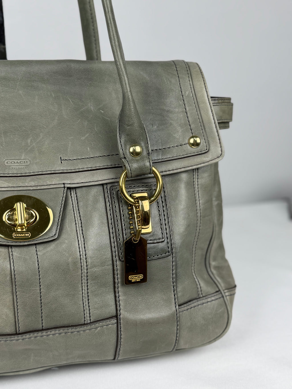 Coach 12442 Rare Hampton Lindsay Turnlock Green/Grey Leather Flap Satchel Shoulder Bag