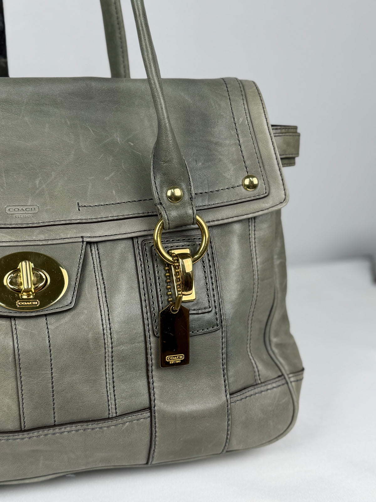 Coach 12442 Rare Hampton Lindsay Turnlock Green/Grey Leather Flap Satchel Shoulder Bag