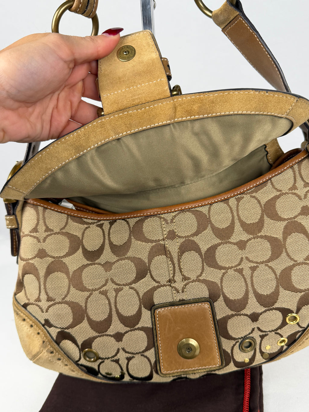 RARE Coach 9451 Soho Signature Brown Shoulder Bag Studded Embellishments Suede Leather Trim