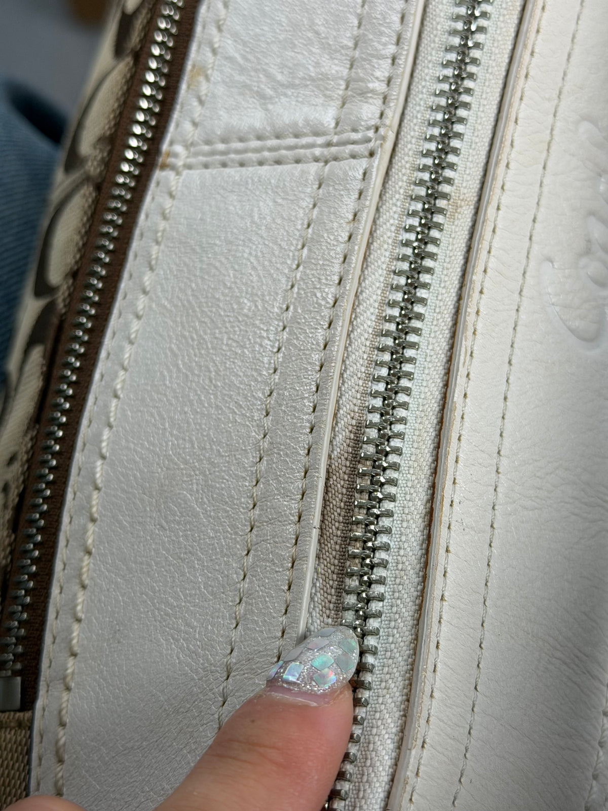 Coach F13740 Signature Brown Monogram White Leather Trim Hobo Shoulder Bag