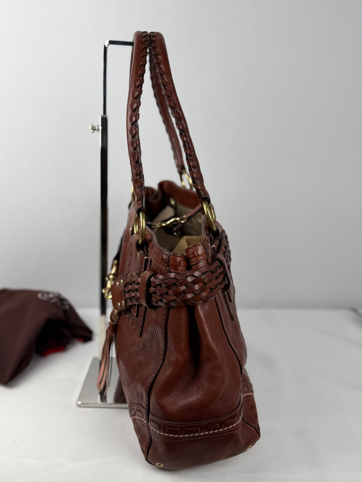 Coach 9290 Rare Hampton Clip Brown Leather Shoulder Bag Braided Detail