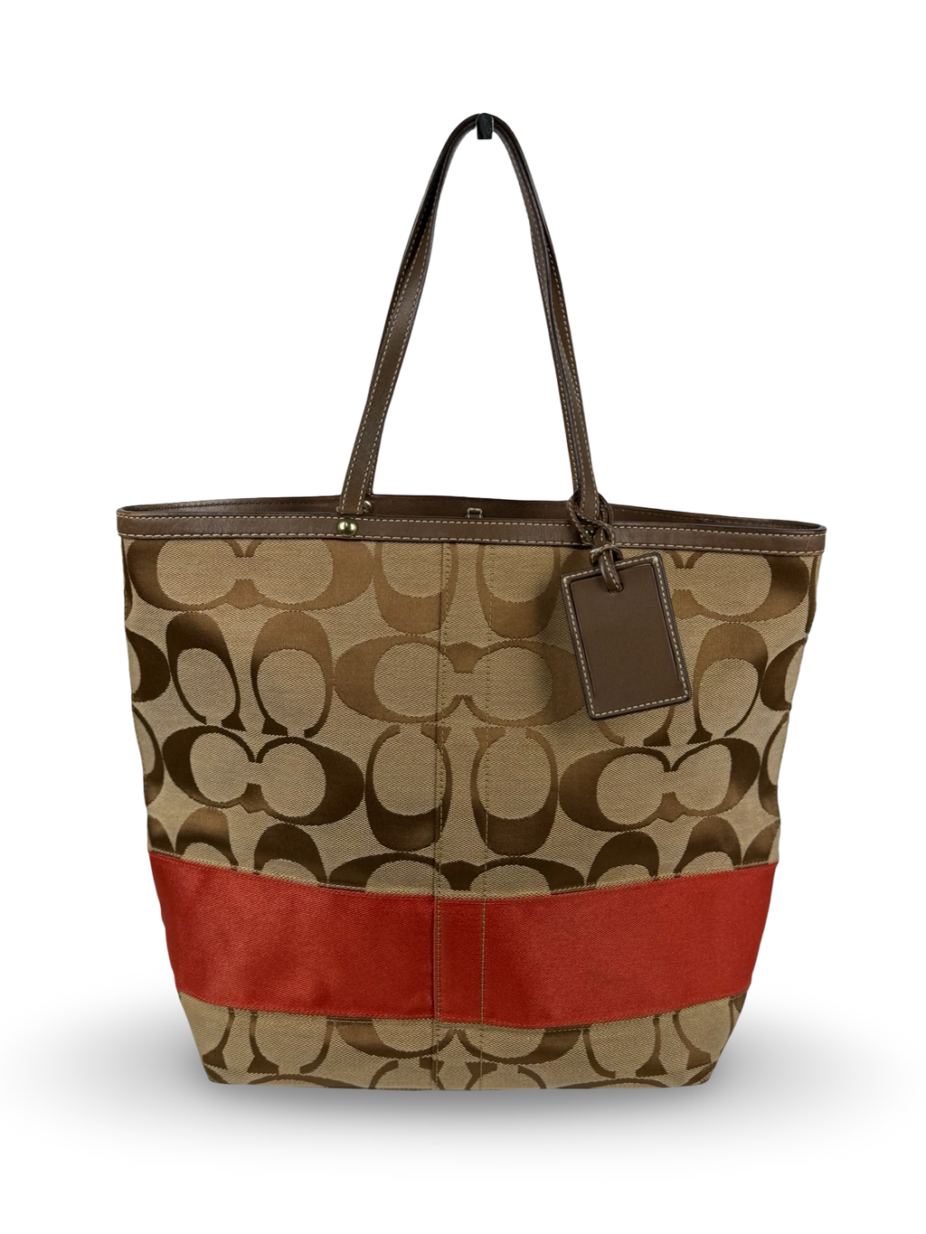 Coach 862P Signature Brown and Red Monogram Tote Shoulder Bag Leather Trim