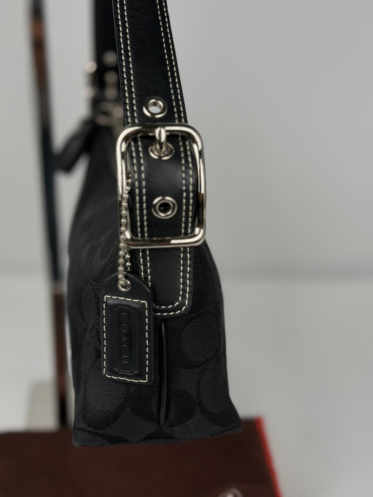 Coach 8K01 Baguette Signature Black Shoulder Bag Leather Trim with dustbag
