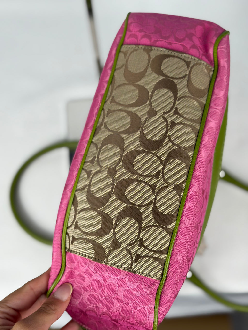 Coach F14726 Bleecker RARE Patchwork Pink/Green Monogram Shoulder Bag Leather Trim