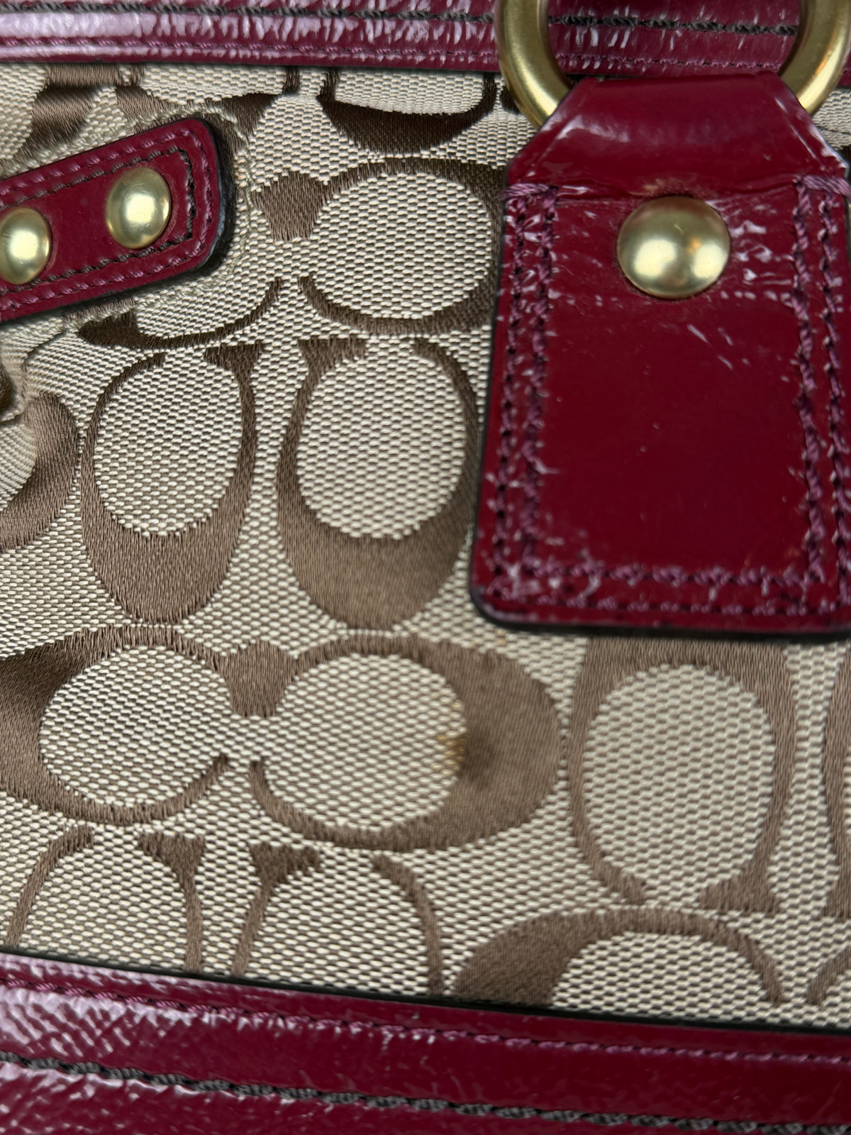 Coach F13131 Legacy Rare Turnlock Double Pocket Signature Brown Monogram Shoulder Bag Red Patent Leather Trim